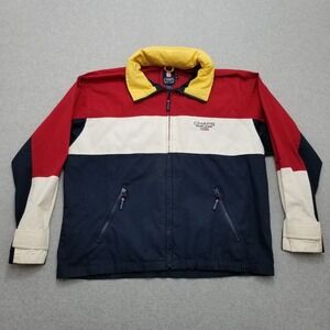 Chaps Ralph Lauren Jacket Mens XL Blue Red Color Block‎ Pockets Zip Logo Hooded